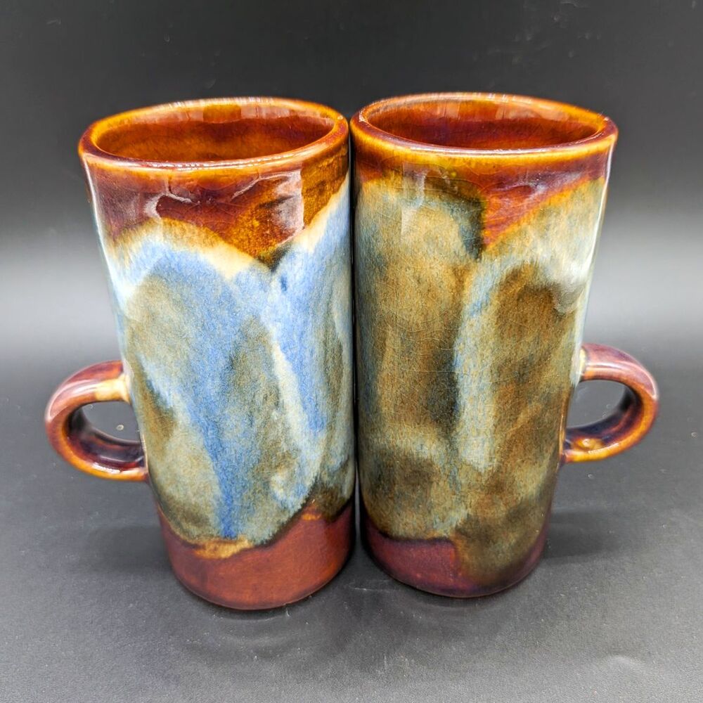 Cafe Divita 2pc Ceramic Tall Mugs 4oz Abstract Brown/Blue/Green Taiwan